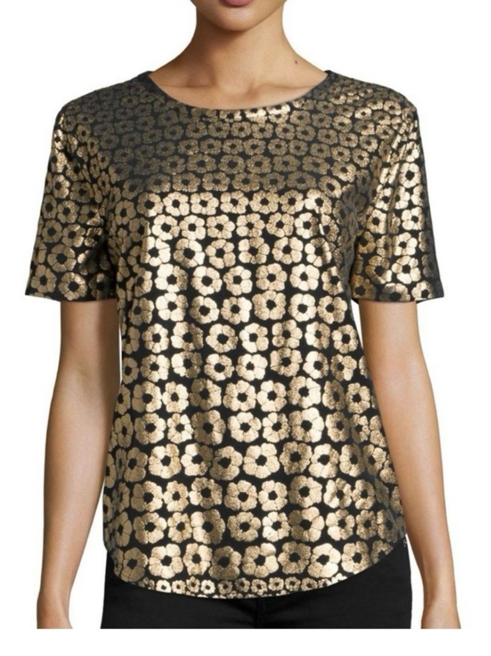 NWT Equipment - Femme Riley Metallic Floral Print Tee Black Gold. M. 100% Silk
